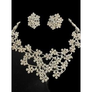 Rhinestone Silver Tone Branches Bridal Prom Statement Necklace Earring Set NOS